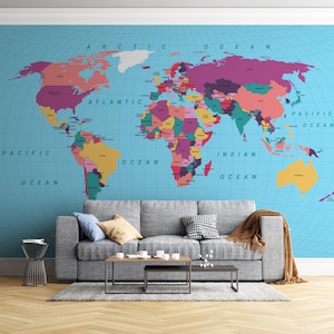 World Map Wall Art, World Map Wall Sticker, World Map Wallpaper, Vintage Map Decor,  World Map Wall Decal,  Large Wall Mural