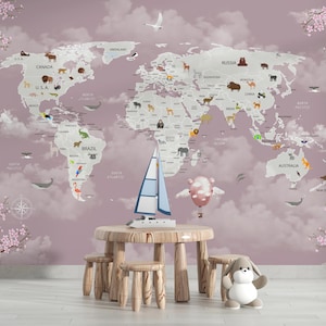 Papel tapiz personalizado con mapa del mundo caprichoso, mural de animales y flores con nombre personalizado, decoración de pared de ensueño, arte de mapa suave para guardería, tema de viaje de fantasía