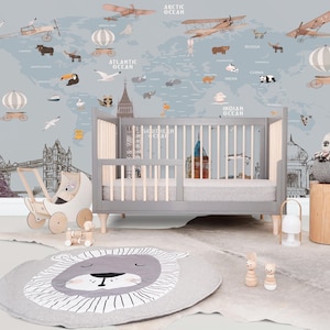 Personalized Landmarks World Map Wallpaper, Custom Name Travel Adventure Mural, Kids Educational Wall Decor, Around the World Nursery Art