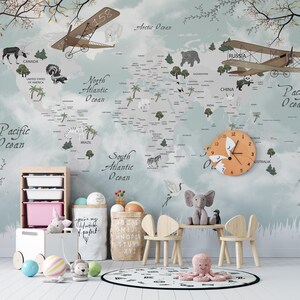 Papier peint carte du monde personnalisé, carte de voyage avec nom personnalisé, décoration murale aventure unique, carte murale de chambre d'enfant, traqueur de voyage en famille