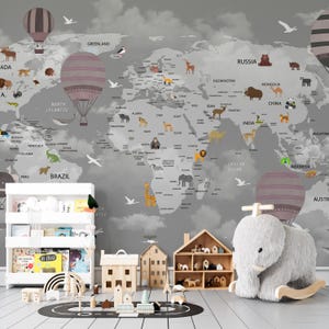 Papel tapiz personalizado con mapa del mundo de globos aerostáticos, mural de aventuras personalizado, decoración de viajes para habitación infantil, arte mural para guardería, planificador de viajes familiares