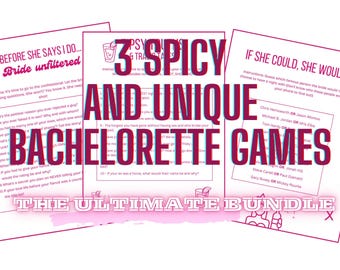 Może przedstawiać: Trzy drukowane karty do gier na wieczór panieński z różowym i białym tłem. Karty zawierają tekst "3 Spicy and Unique Bachelorette Games" i "The Ultimate Bundle".