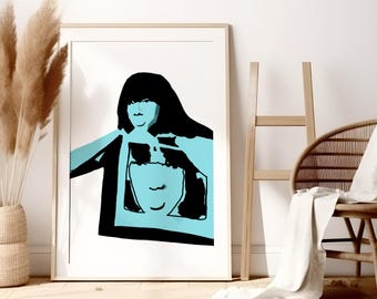 May include: A digital art print featuring a black and blue silhouette of a person with their arms outstretched. The person's face is obscured by a blue rectangle.