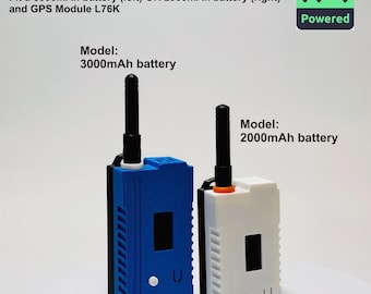 May include: 3D printed cases for Heltec v4, available in blue and white. Each case features a black antenna and is designed to fit either a 3000mAh or 2000mAh battery, along with a GPS module. The cases have the text "Powered" and "U".