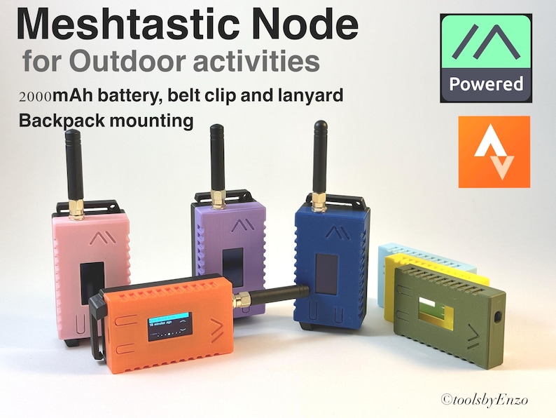May include: Five different colored Meshtastic Node devices with antennas. The devices have a small screen and a button on the side. The text "Meshtastic Node" and "for Outdoor activities" is displayed above the devices. The text "2000mAh battery, belt clip and lanyard" and "Backpack mounting" is displayed below the devices. The text "Powered" is displayed in a green box with a white triangle symbol. The text "A" is displayed in an orange box with a white triangle symbol.