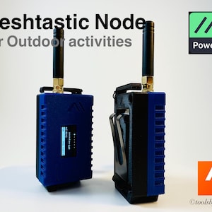 May include: Two blue and black Meshtactic Nodes for outdoor activities. The nodes have antennas and a small screen. The text "Meshtactic Node" and "Powered" is visible in the image.