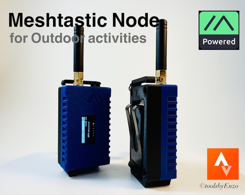 May include: Two blue and black Meshtactic Nodes for outdoor activities. The nodes have antennas and a small screen. The text "Meshtactic Node" and "Powered" is visible in the image.
