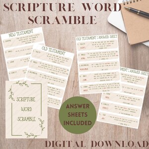 May include: A printable set of Scripture Word Scramble game sheets. The sheets are designed for both the Old and New Testaments. The game includes answer sheets. The sheets have a brown background with green leaves and white text.