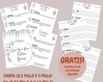 May include: A digital download package for Bible study with templates for "SEAR", "EOAO", and "LEAD" methods. The templates are in black and white with a floral design. The text "PAQUETE DE ESTUDIOS BIBLICOS" is at the top of the image. The text "GRATIS! PLANTILLAS DE LOS ESTUDIOS BIBLICOS!" is in a pink circle. The text "CARTA (8.5 PULG X 11 PULG) A4 (8.27 PULG X 11.69 PULG) A5 (5.83 PULG X 8.27 PULG) DESCARGA DIGITAL" is at the bottom of the image.