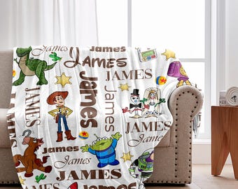 Manta personalizada de Toy Story 5, manta decorativa de Toy Story con nombre personalizado, ropa de cama de Woody, Buzz y Jessie, manta con personajes de la película, regalo de cumpleaños