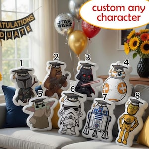 Personalized Star Wars Graduation Pillow, Custom Baby Yoda Darth Vader Plush, SciFi Character Room Decor, Galaxy Theme Gift,Inspired Cushion image 1