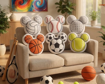 Sports Mouse Ear Pillow, Ball Sports Plush Cushion, Athletic Room Decor, Sports Fan Gift, Game Day Pillow, Cute Sports Bedroom Decor