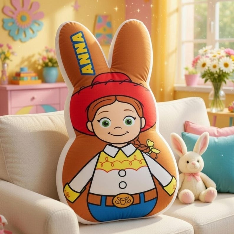 May include: A large, bunny-shaped pillow featuring a cartoon cowgirl character with a red hat and the name "ANNA" on one ear. The pillow is brown, white, and blue, and sits on a white couch next to a small stuffed bunny.