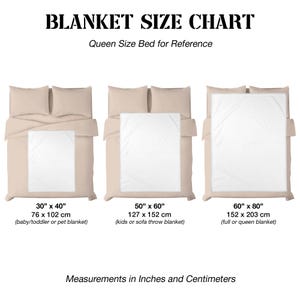 Puede incluir: Una tabla de tama&ntilde;os de mantas que muestra tres mantas rectangulares blancas sobre una cama beige. Las medidas son 76 x 102 cm, 127 x 152 cm y 152 x 203 cm. El texto incluye BLANKET SIZE CHART, Queen Size Bed for Reference y Measurements in Inches and Centimeters.