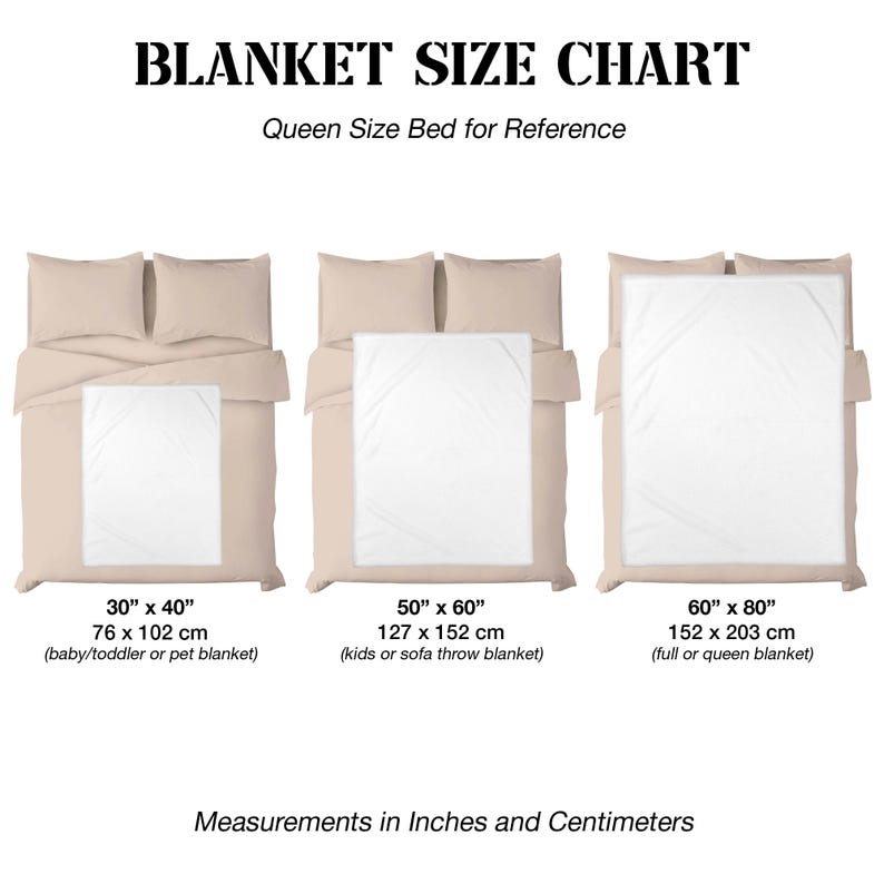 Puede incluir: Una tabla de tama&ntilde;os de mantas que muestra tres mantas rectangulares blancas sobre una cama beige. Las medidas son 76 x 102 cm, 127 x 152 cm y 152 x 203 cm. El texto incluye BLANKET SIZE CHART, Queen Size Bed for Reference y Measurements in Inches and Centimeters.