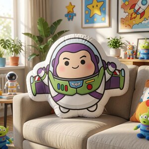May include: A plush throw pillow shaped like a cartoon astronaut character. The character features a white helmet, a purple hood, a green chest plate with a blue and white emblem, and purple wings. The design includes black outlines and a smiling face.