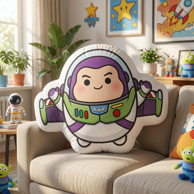 May include: A plush throw pillow shaped like a cartoon astronaut character. The character features a white helmet, a purple hood, a green chest plate with a blue and white emblem, and purple wings. The design includes black outlines and a smiling face.