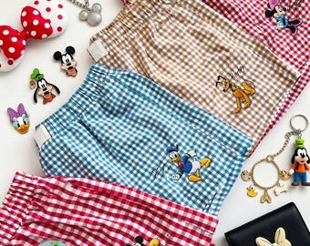Disney Mickey And Friends Gingham Shorts, Embroidered Mickey Minnie Outfit, Family Matching Vacation Plaid Shorts Summer Disney Wear