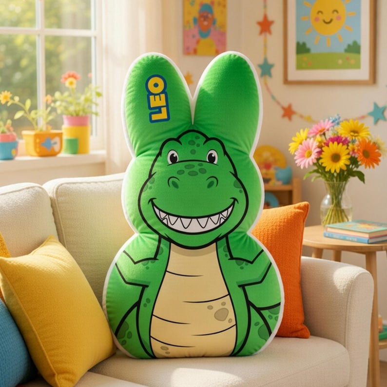 May include: A green dinosaur-shaped pillow with the name "LEO" on the ears. The pillow has a smiling face and a cream-colored belly. It is placed on a cream-colored sofa with yellow and orange pillows.