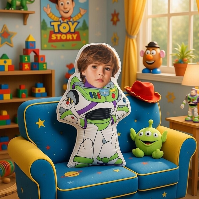 May include: A blue sofa with yellow trim and star accents features a Buzz Lightyear pillow with a child's face. A red cowboy hat and a green alien toy are also on the sofa. The background includes a Toy Story poster and other toys.