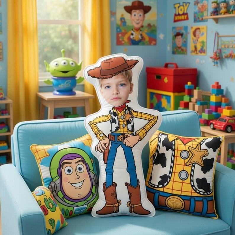 Custom Face Photo Toy Story Pillow, Personalized Buzz Woody Jessie Plush Pillow, Toy Story Birthday Gift, Room Decor image 2