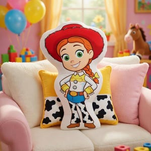 以下が含まれることがあります： トイ・ストーリーのキャラクター、ジェシーの形をしたぬいぐるみクッション。赤い帽子、白いシャツ、青いジーンズ、牛柄のズボンを着用。ピンクのソファに、黄色と牛柄のクッションと一緒に置かれています。