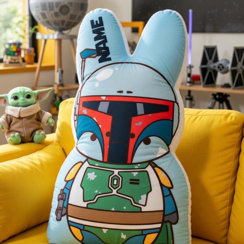 May include: A light blue bunny-shaped cushion with a cartoon illustration of Boba Fett's helmet and armour. The cushion has the word "NAME" printed on one ear. The cushion is on a yellow sofa.