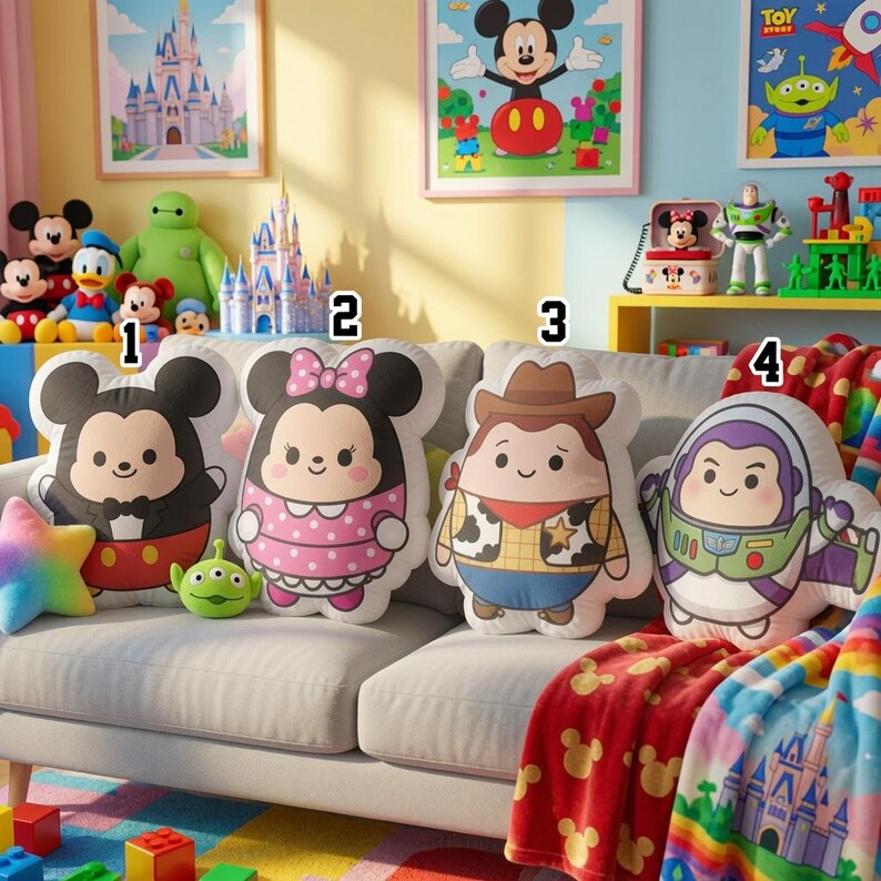 May include: Four plush character pillows arranged on a gray sofa. Pillow 1 features Mickey Mouse in a tuxedo, pillow 2 shows Minnie Mouse in a pink polka dot dress, pillow 3 depicts Woody in a cowboy outfit, and pillow 4 displays Buzz Lightyear.