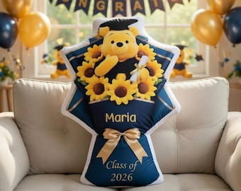 Personalized Graduation Bear Pillow, Custom Pooh Sunflower Cushion Class Of 2026 Plush Gift Graduation Party Decor,     Graduation Gift