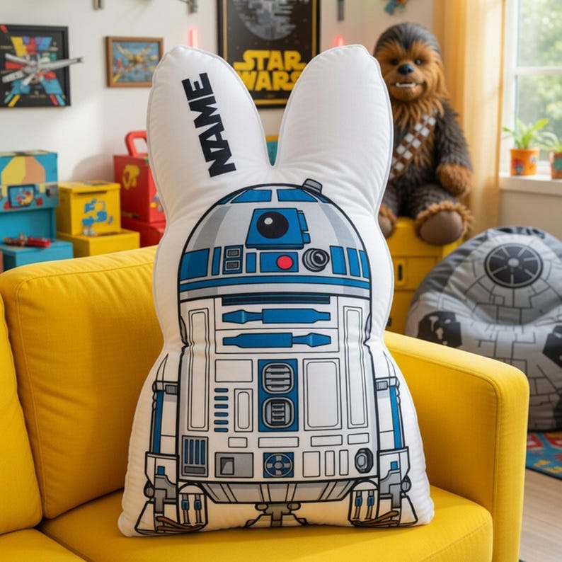 May include: A white and blue R2-D2 shaped cushion with bunny ears, on a yellow sofa. The cushion has the text "NAME" in black. The design is inspired by the Star Wars character R2-D2.