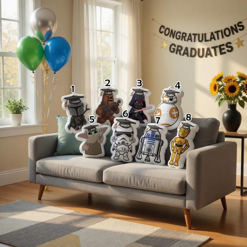 Personalized Star Wars Graduation Pillow, Custom Baby Yoda Darth Vader Plush, SciFi Character Room Decor, Galaxy Theme Gift,Inspired Cushion image 2