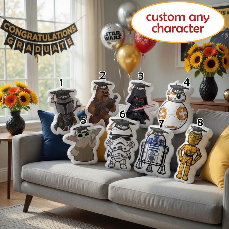 Personalized Star Wars Graduation Pillow, Custom Baby Yoda Darth Vader Plush, SciFi Character Room Decor, Galaxy Theme Gift,Inspired Cushion image 1