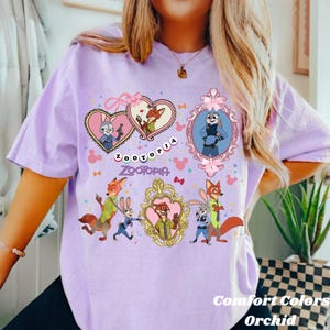 Zootopia Coquette Bow Watercolor Shirt, Judy Hopps Nick Wilde Tee, Retro Zootropolis Disney, Comfort Colors, Family Matching, WDW Trip 2025 bild 4