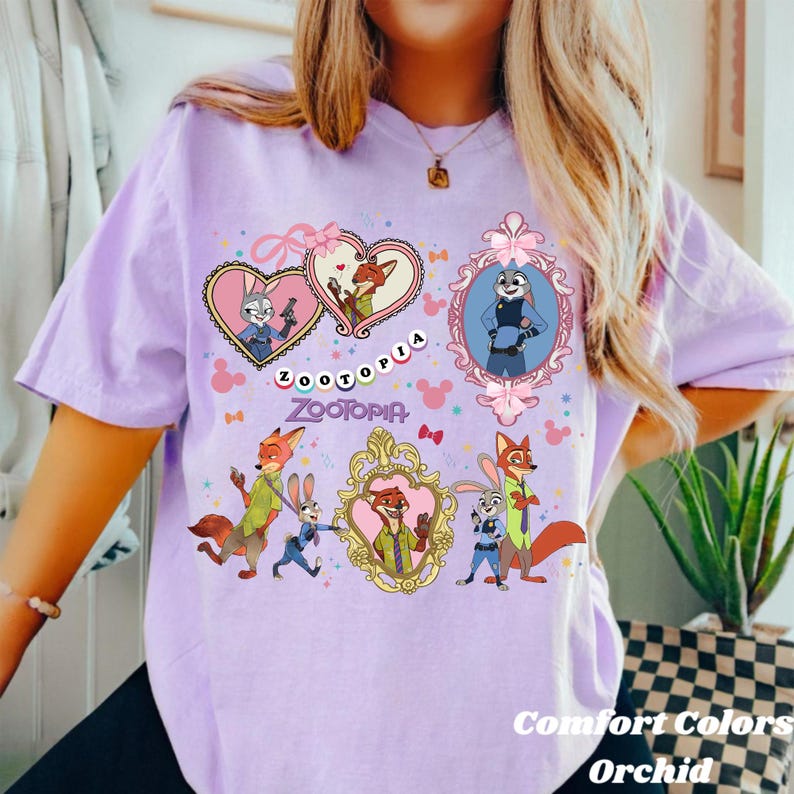 Zootopia Coquette Bow Watercolor Shirt, Judy Hopps Nick Wilde Tee, Retro Zootropolis Disney, Comfort Colors, Family Matching, WDW Trip 2025 bild 4