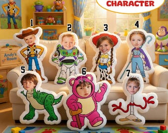 Custom Photo Character Pillow, Personalized Face Pillow Toy Story Inspired,     Toy Story Pillow Gift, Woody Buzz Jessie Costume Pillow