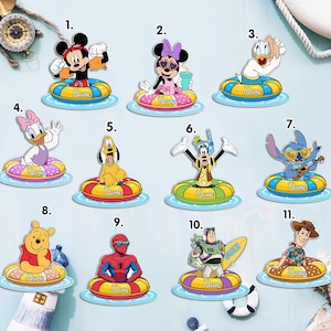 May include: A collection of eleven cartoon character cutouts, each depicted in a colorful inner tube floating on water. Characters include Mickey Mouse, Minnie Mouse, Donald Duck, Daisy Duck, Pluto, Goofy, Stitch, Winnie the Pooh, Spider-Man, Buzz Lightyear, and Woody.