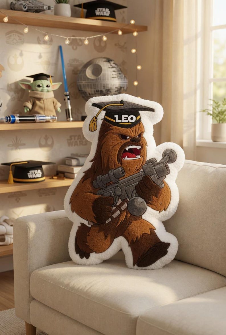 May include: A plush Chewbacca pillow wearing a graduation cap with the name "LEO" on it. The brown and white pillow is holding a blaster and is sitting on a beige couch. The background includes Star Wars themed decor.