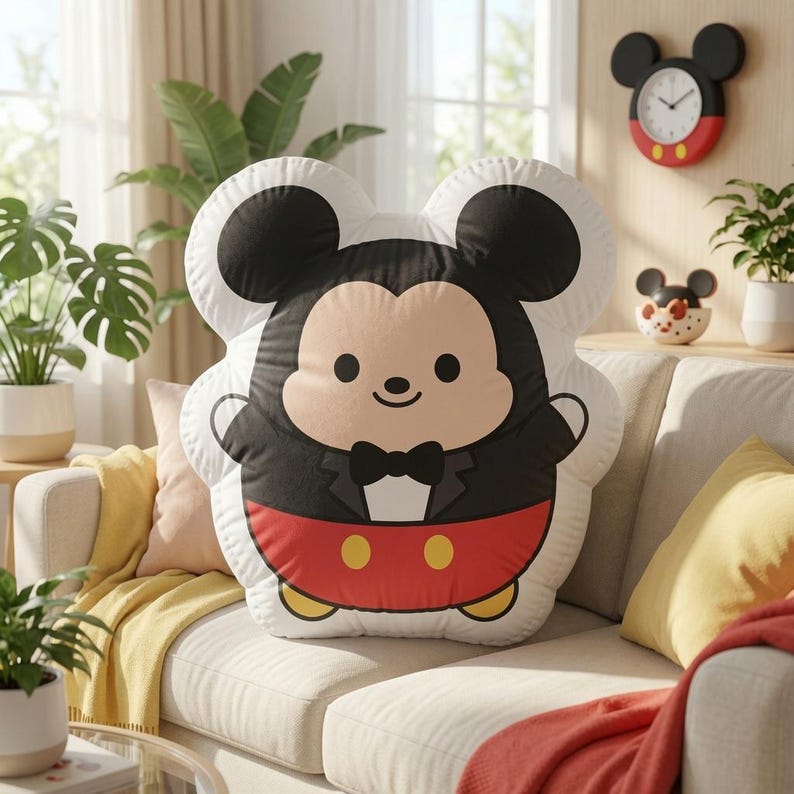 May include: A plush throw pillow shaped like a cartoon mouse character wearing a black tuxedo jacket with a bow tie and red shorts with two yellow buttons. The character has large round black ears, a tan face, and a simple black line smile.