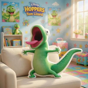 May include: A green lizard-shaped plush toy with an open mouth and pink tongue sits on a cream-colored sofa. The toy is in a child's room decorated with Disney Hoppers Tom Lizard posters and star-shaped stickers. A small shelf holds books and a lizard figurine.