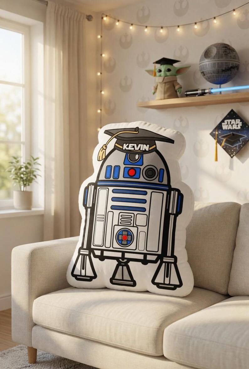 May include: A white R2-D2 shaped pillow with blue and red accents, wearing a graduation cap with the name "KEVIN". The pillow is on a beige couch. The room has Star Wars themed decor.