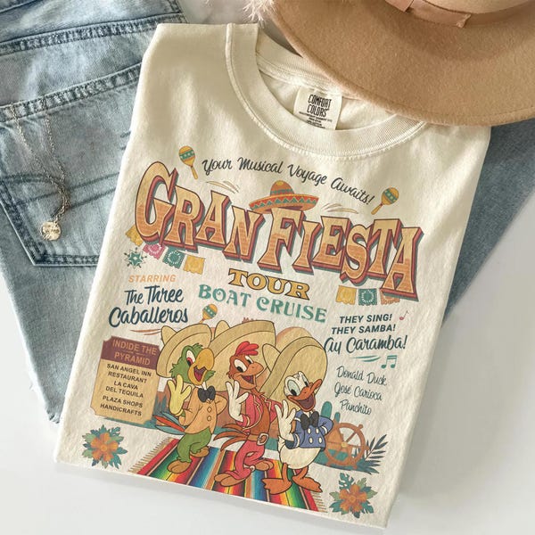 Retro Three Caballeros Shirt, Gran Fiesta Boat Ride Tee, Mexico Pavilion World Showcase Shirt, Donald Jose Panchito Trio Vacation Tee