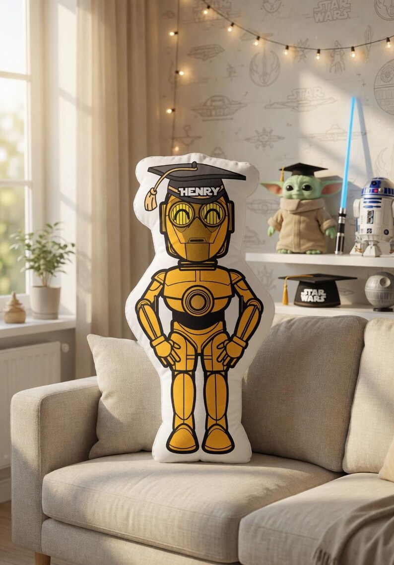 May include: A C-3PO shaped pillow wearing a graduation cap with the name "HENRY" on it. The pillow is yellow and black, and is on a beige couch. Other Star Wars themed items are on a shelf in the background.