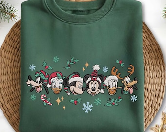 Christmas Embroidered Sweatshirt, Disney Character Embroidery Shirt, Holiday Mickey Minnie Pullover, Cozy Xmas Sweater, Cute Christmas Gift