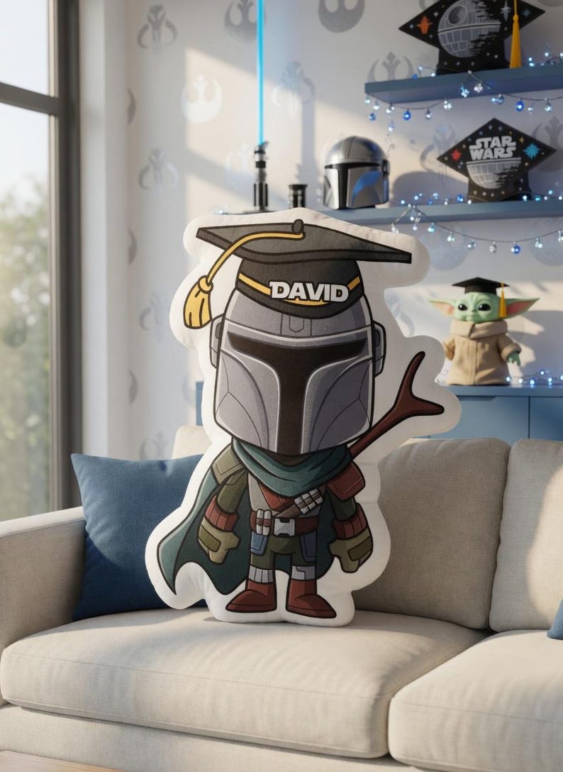 May include: A large, cartoon-style pillow shaped like a Mandalorian character wearing a graduation cap with the name "DAVID". The pillow is gray, green, and brown, with a yellow tassel. A Baby Yoda figure and Star Wars graduation caps are visible in the background.
