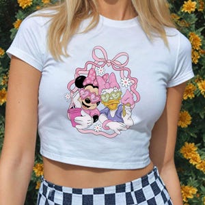 Coquette pink bow Disney Minnie Daisy Baby tee, Disney with my besties WDW Disneyland trip shirt Croptop Baby Tee womens Unisex T-shirt