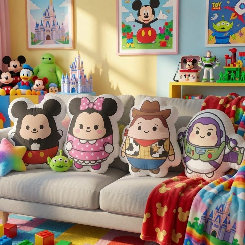 May include: A collection of four plush character pillows featuring Mickey Mouse in a tuxedo, Minnie Mouse in a pink polka dot dress, Woody in a cowboy outfit, and Buzz Lightyear in a space suit, arranged on a gray sofa with a rainbow blanket.