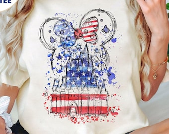 Disney Castle Watercolor Mickey Minnie 4Th Of July Shirt, Happy Independence Day 2025 Matching Tshirt, Patriotic USA Flag, Disneyland Family