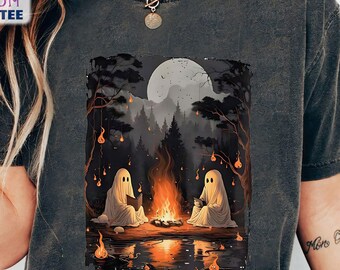 Retro Ghost Book Reading Camping Gothic Halloween Teachers Shirt, Halloween Trip T-shirt, Camping Gothic Tee, Ghost Book Reading Shirt