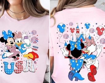 Tow-sided Minnie Mouse Daisy Duck 4th of July T-shirt, Disney Castle Happy Independence Day 2025 Tee, Patriotic USA, Disneyland Family Trip