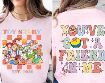 Camiseta de dos caras vintage de Disney a cuadros de Toy Story (estrenada en 1995) con el personaje de Toy Story de Disney Pixar. Camiseta "Tienes un amigo en mí". Viaje a Disney.